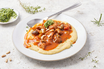 Seitan and Tomato Stroganoff with Herb Pesto and Creamed Polenta