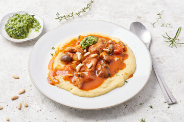 Seitan and Tomato Stroganoff with Herb Pesto and Creamed Polenta