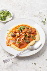 Seitan and Tomato Stroganoff with Herb Pesto and Creamed Polenta