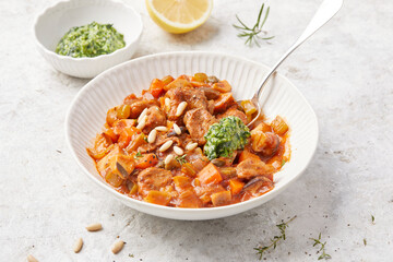 Seitan and Tomato Stroganoff with Herb Pesto and Creamed Polenta