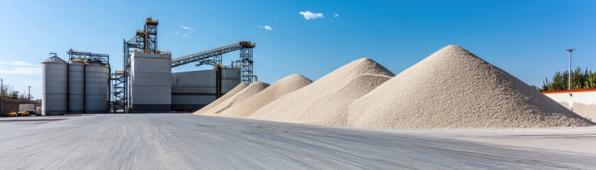 Obraz premium Industrial Site with Large Piles of Sand and Gravel under Clear Blue Sky with Machinery in Background