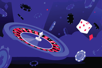 A vibrant, dynamic roulette table scene; colorful chips, playing cards, and a roulette wheel in motion.  High-detail rendering.