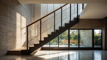 Obraz premium Minimalist Staircase with Perforated Metal Railing in Modern Interior With Natural Light And Beige Walls