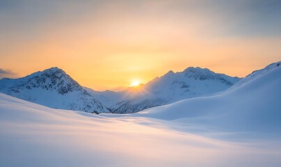 Snow-covered mountain peaks bathed in a golden sunset, showcasing breathtaking natural beauty and tranquility.