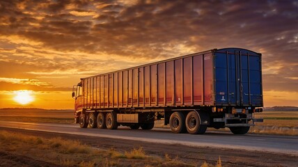Modern Wagon Truck Silhouette Framed Against Colorful Sunset Sky and Rural Landscape