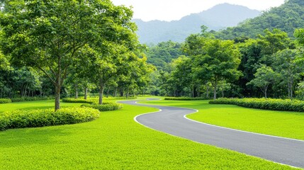 Naklejka premium Winding road through lush green park, mountains backdrop, peaceful scene, ideal for travel brochures