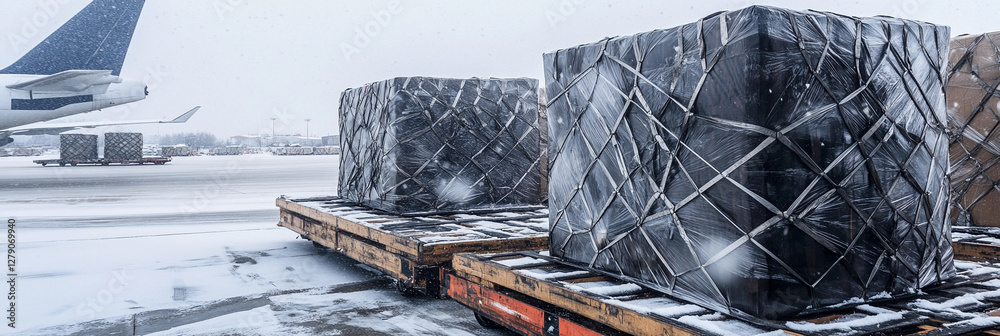 Poster cargo plane loading process at snowy airport. generative ai