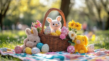 Easter Basket with Plush Bunny, Flowers, and Colorful Eggs