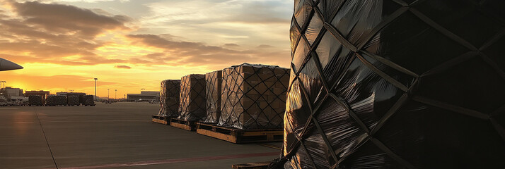Cargo plane loaded with large freight at sunset. Generative AI