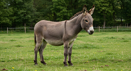 Obraz premium Peaceful gray donkey grazing in a lush green meadow during daytime