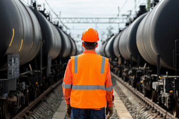 Worker oversees train tank cars on a railway track. Generative AI