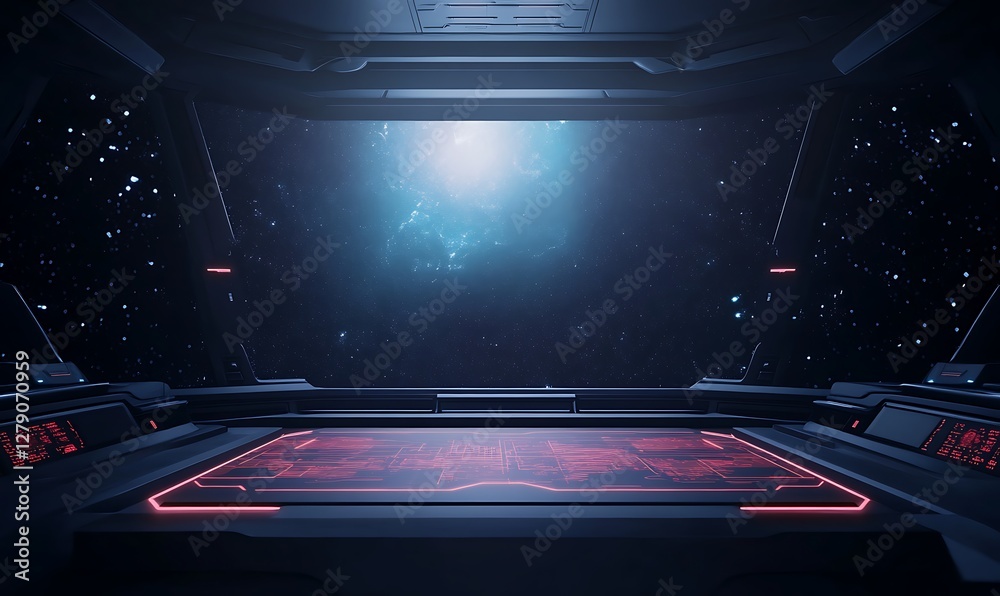 Poster futuristic spaceship cockpit control panel with glowing elements, ideal for sci-fi and technology th