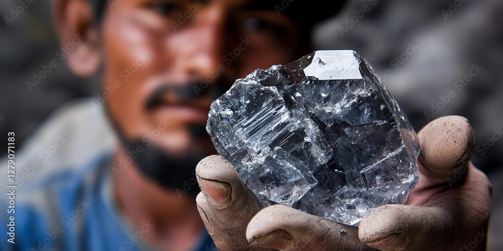 Poster Miner presenting a large crystal after extraction efforts. Generative AI