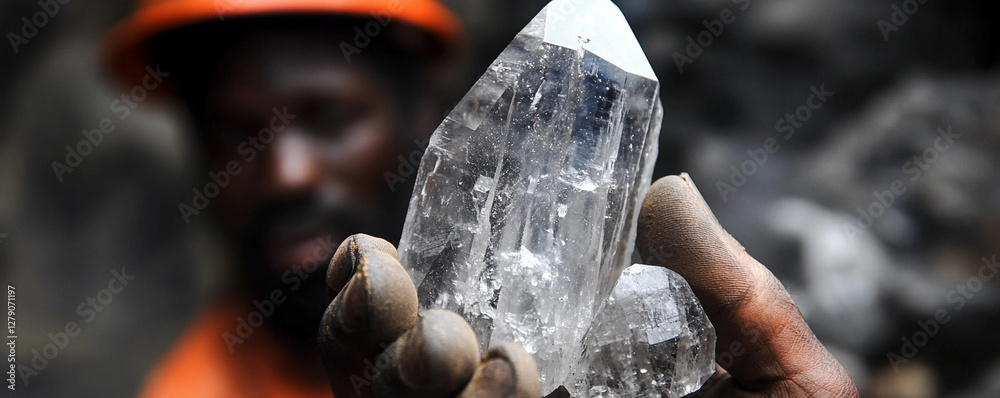 Aufkleber miner holds large crystal while working underground. generative ai