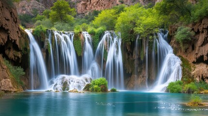 Serene Waterfall Cascading Into Turquoise Pool