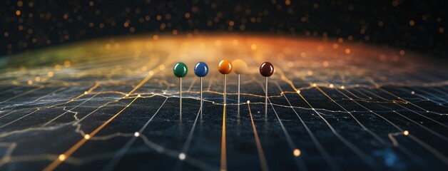 Colorful pins marking locations on a digital map display in a futuristic setting with glowing lines and stars