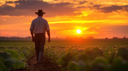 Fototapeta premium Farmer Walking Through Crop Field at Sunset with Vibrant Sky