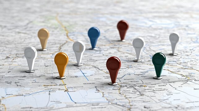 Markers indicating various locations on a detailed map with overlapping routes and roads during daylight hours in a city or urban area