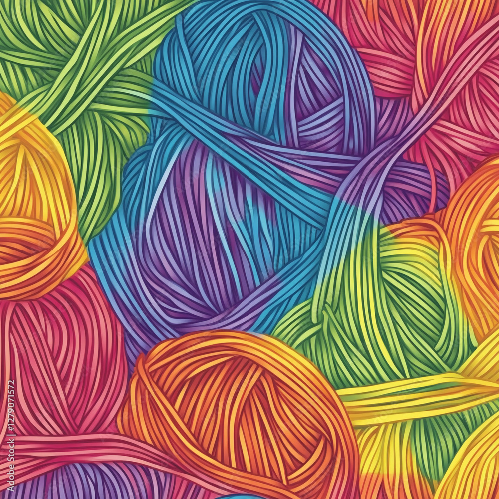 Poster colorful woven yarn strings create a seamless rainbow design. generative ai