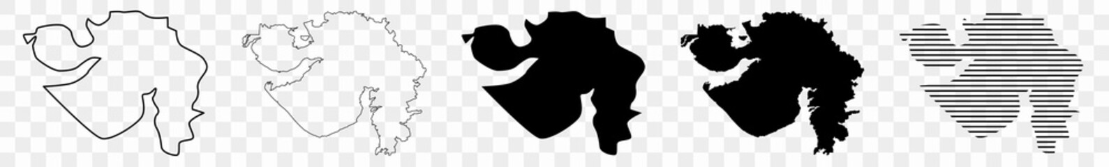 Gujarat Map Black | Indian State Border | State Country | Transparent Isolated | Variations