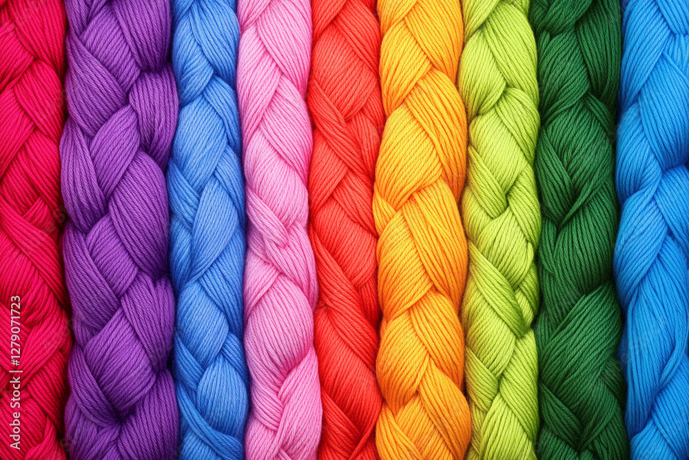 Poster colorful woven yarn strings create a seamless rainbow design. generative ai