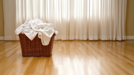 Laundry basket filled with clean towels in well-lit room with wooden floor and sheer curtains during daytime