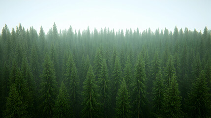 Fototapeta premium Dense green pine forest canopy shrouded in thick morning mist under an overcast sky.