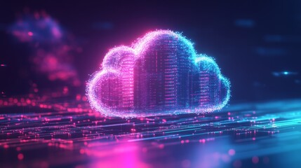 Streaming data visualization cloud network digital art virtual environment tech perspective glowing...