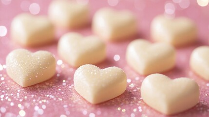 Fototapeta premium Close-up of heart-shaped candies on pink glitter