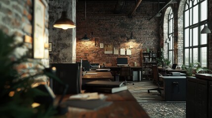 Industrial Chic Office Space: A Modern Workspace with Exposed Brick Walls and Large Windows