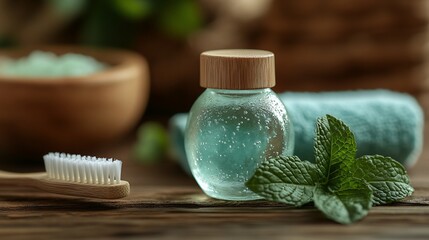 Mint mouthwash, bamboo toothbrush, spa setting