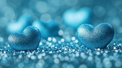 Fototapeta premium Two Sparkling Blue Hearts on Glittering Background