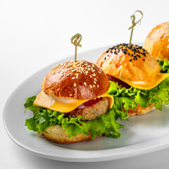 crispy chicken burger with different integers on white background.