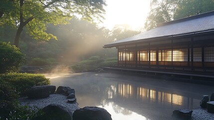 Fototapeta premium Sunrise, Japanese garden, pond, tranquil