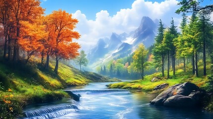 Obraz premium golden sunlight over tranquil woodland river image