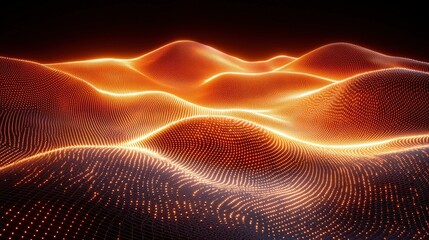 Abstract glowing waves with luminous patterns in vibrant orange and dark background