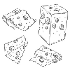 Cheese Doodle hand drawn line icon set. Different piece slice cheese for menu, design restaurant, cafe. Vector illustration