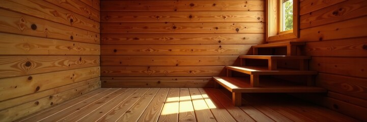 Wooden Cabin Interior with Wooden Stairs Leading Upwards, wooden furniture, rustic decor