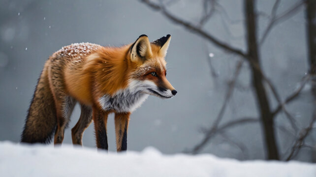 A red fox stands in a snowy scene, its fur lightly dusted with snow, ears perked, and gazing to the side.