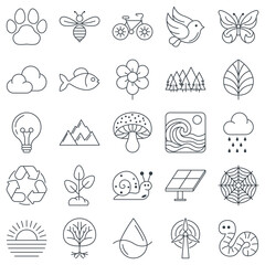Obraz premium Ecology icons set, Included icons as Bee, Sun, Water Drop, Leaf and more symbols collection, logo isolated vector illustration