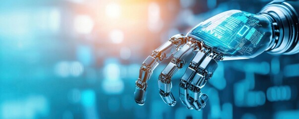 A futuristic robotic hand is depicted, showcasing intricate metallic details and glowing elements, symbolizing advanced technology and innovation.