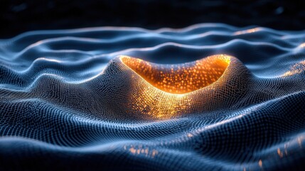 Abstract Surface with Glowing Golden Light and Blue Wireframe Patterns in Dark Environment