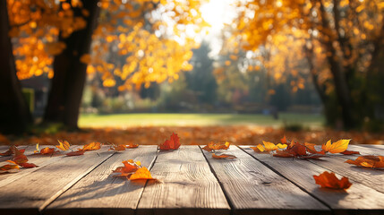 Rustic Wooden Table with Autumn Leaves and Golden Sunlight &ndash; Ideal for Seasonal Design, Product Display & Thanksgiving Themes,  food photography, branding materials, Thanksgiving themes, and digital d
