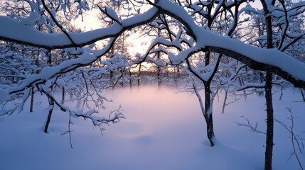 serene winter forest scene with snow covered branches