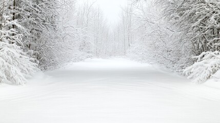 Fototapeta premium Snow-covered path winds through a quiet winter forest under overcast daytime skies.
