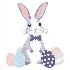 Fototapeta premium A cute gray bunny with a bow tie sits among colorful decorated Easter eggs, symbolizing spring and festive celebrations.