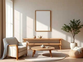 japandi empty frame mockup in minimalist living room, warm wood furniture, textured neutral walls, cozy lighting, handcrafted decor, serene space
