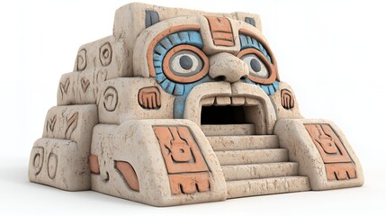 Beige Stone Mayan Pyramid Model with Carved Face and Steps