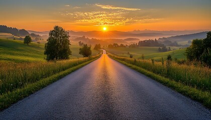 Fototapeta premium Sunrise road, hills, valley, peaceful