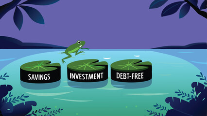 A vibrant green frog leaps dynamically between oversized lily pads labeled "Savings (1)," showcasing financial growth.